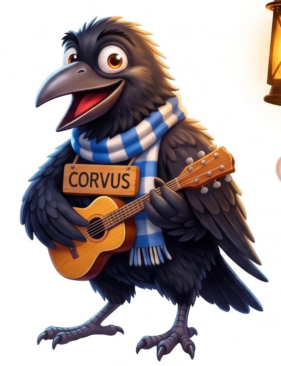 Rabe Corvus mit blau-weißem Schal, der Gitarre spielt
