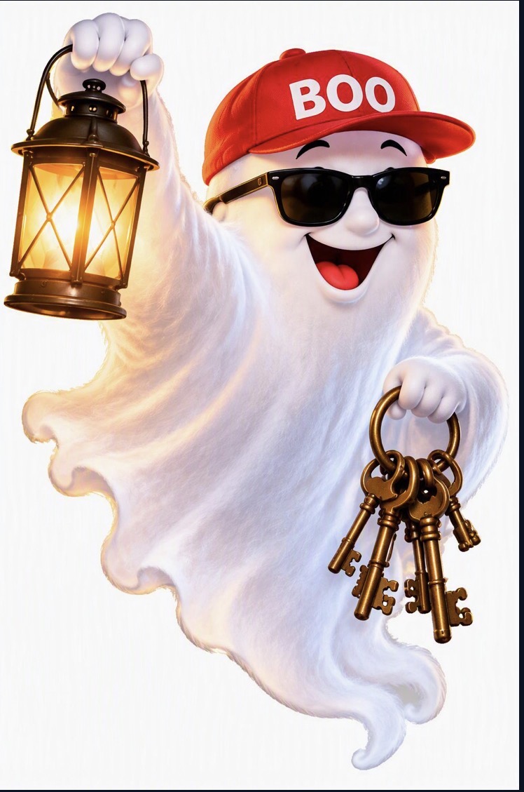 Schlossgeist Boo mit roter BOO-Cap und Sonnenbrille, in der einen Hand eine Laterne, in der anderen ein Schlüsselbund