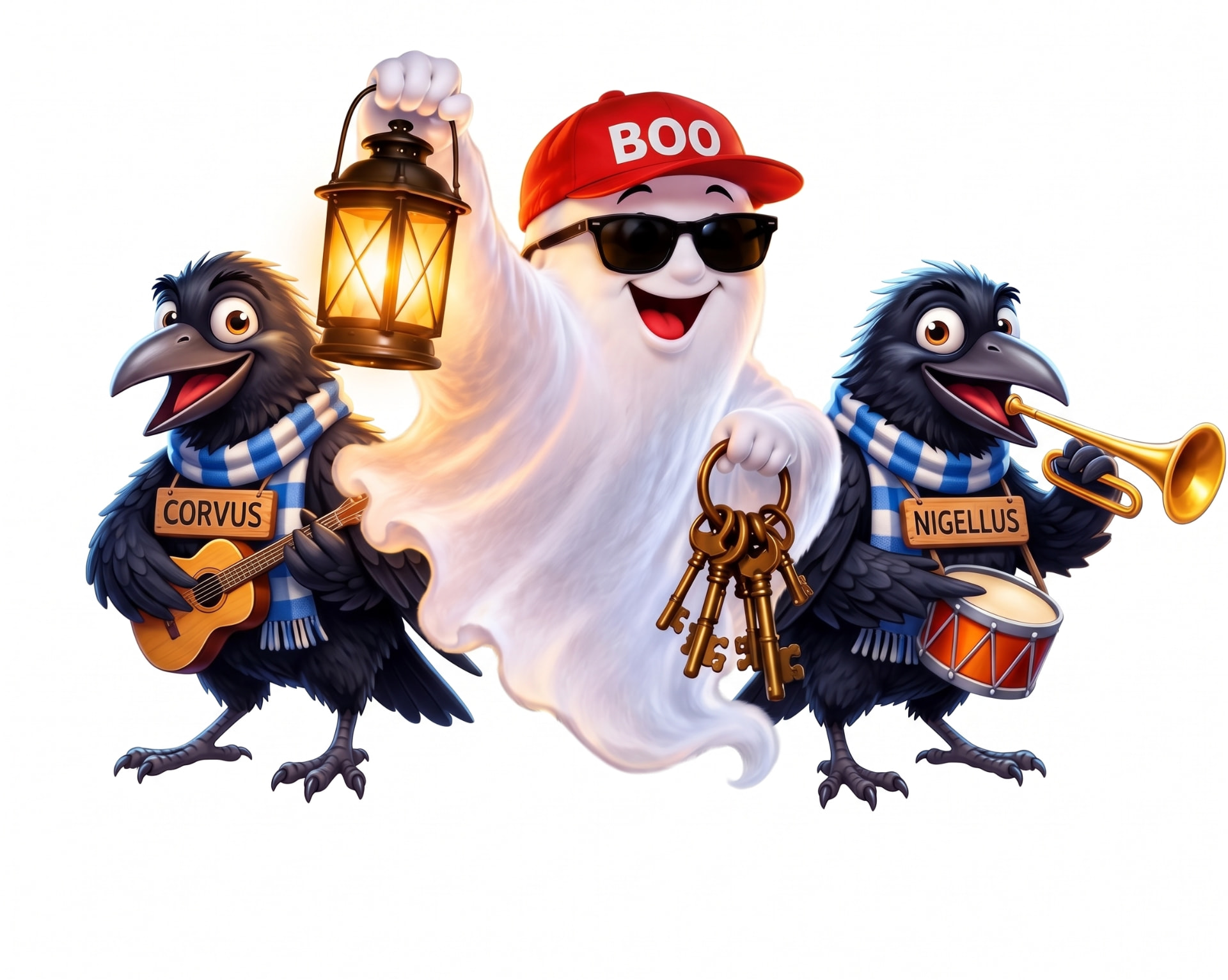 Schlossgeist Boo mit Laterne und Schlüsseln zwischen den Raben Corvus mit Gitarre und Nigellus mit Trompete und Trommel
